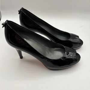Stuart Weitzman Black Patent Leather High Heels Platform Pumps peep toe sz 8M